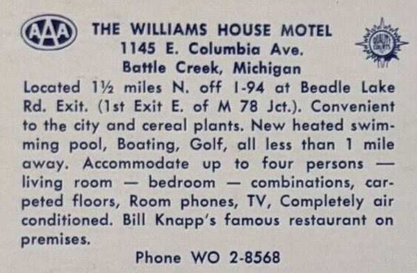 Williams House Motel - Vintage Postcard Back (newer photo)